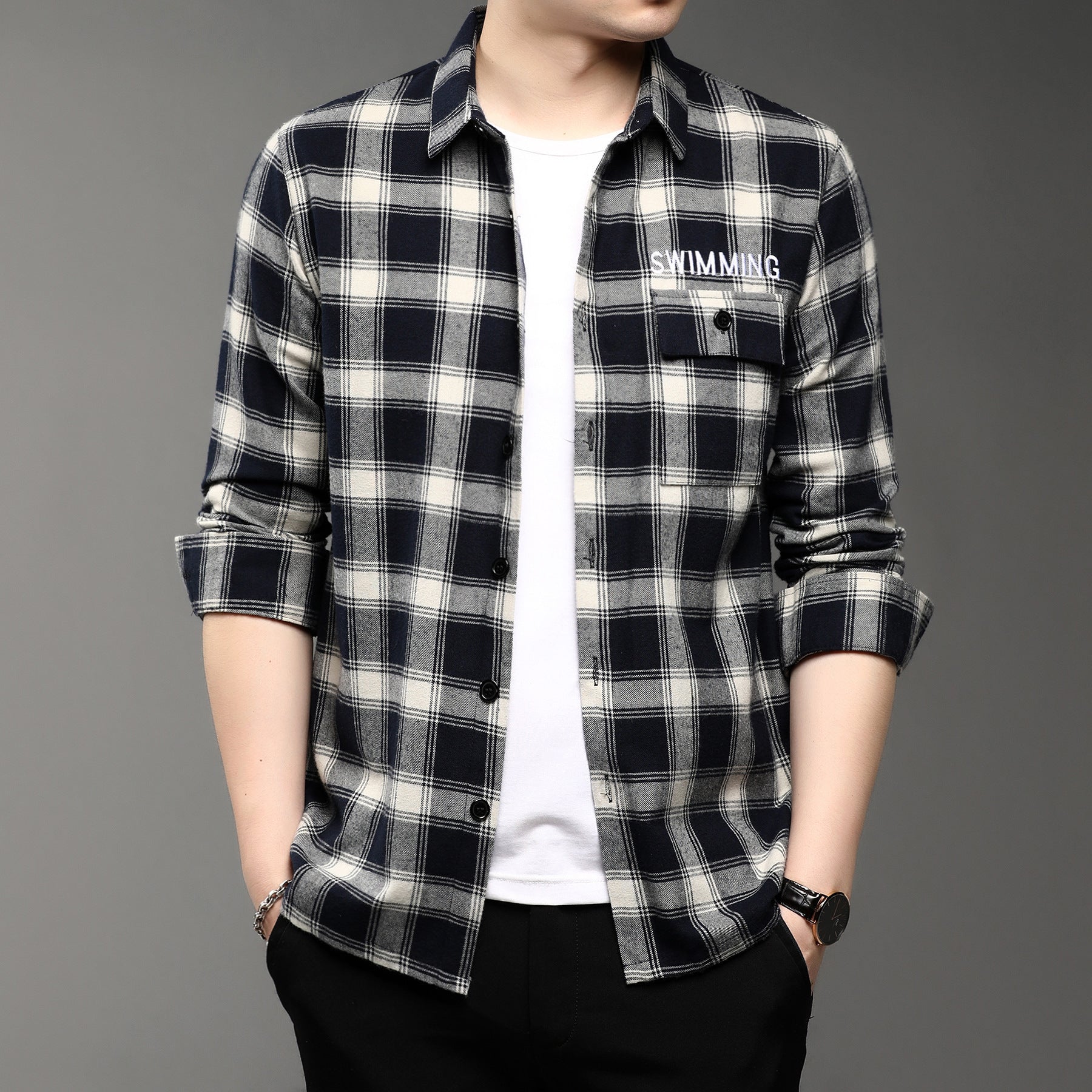 Casual Lapel Plaid Men's Long Sleeve Shirt