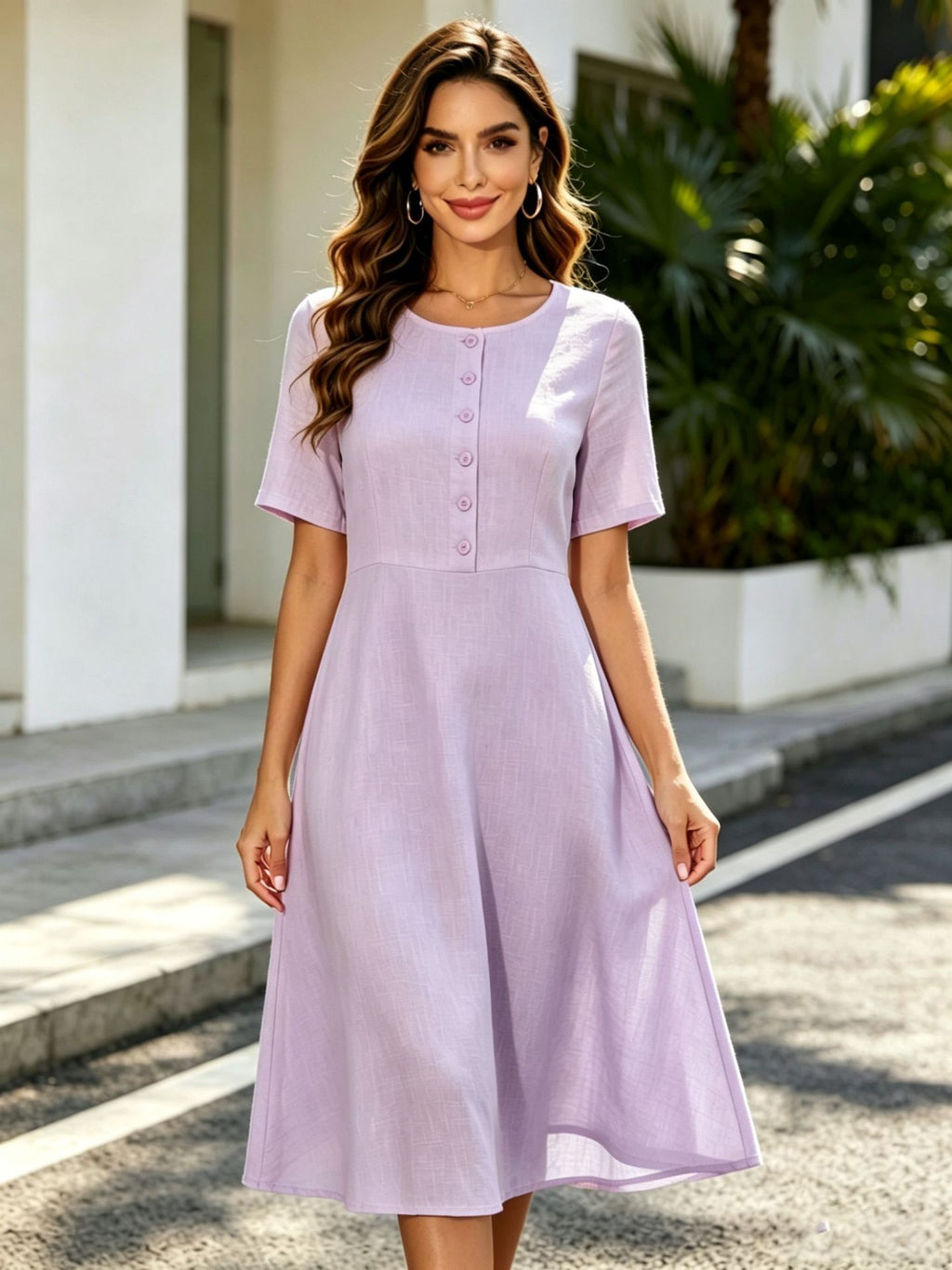 Elegant Round-neck Short-sleeve Buttoned A-line Dress With A Fitted Waist For Workwear