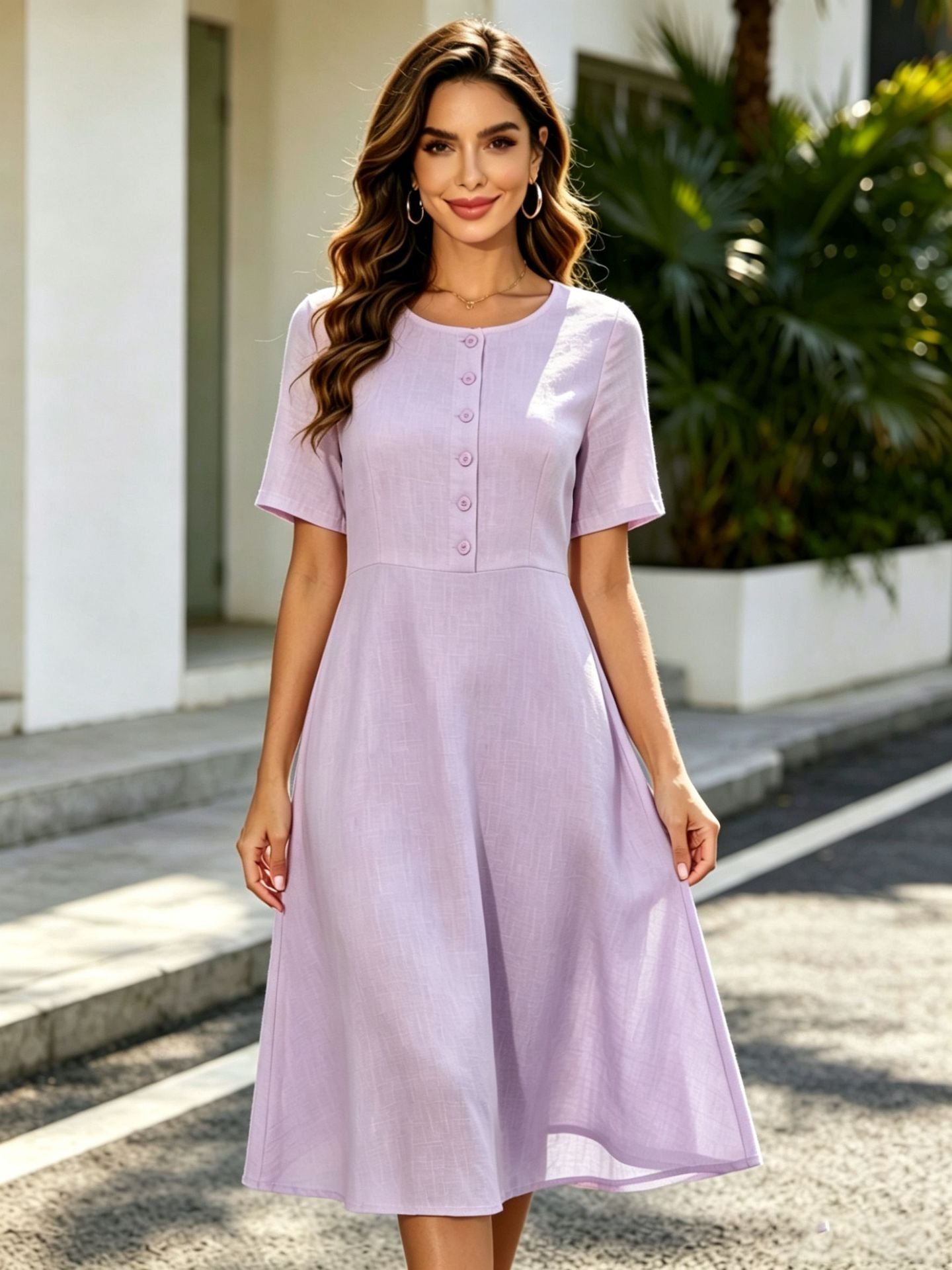 Elegant Round-neck Short-sleeve Buttoned A-line Dress With A Fitted Waist For Workwear