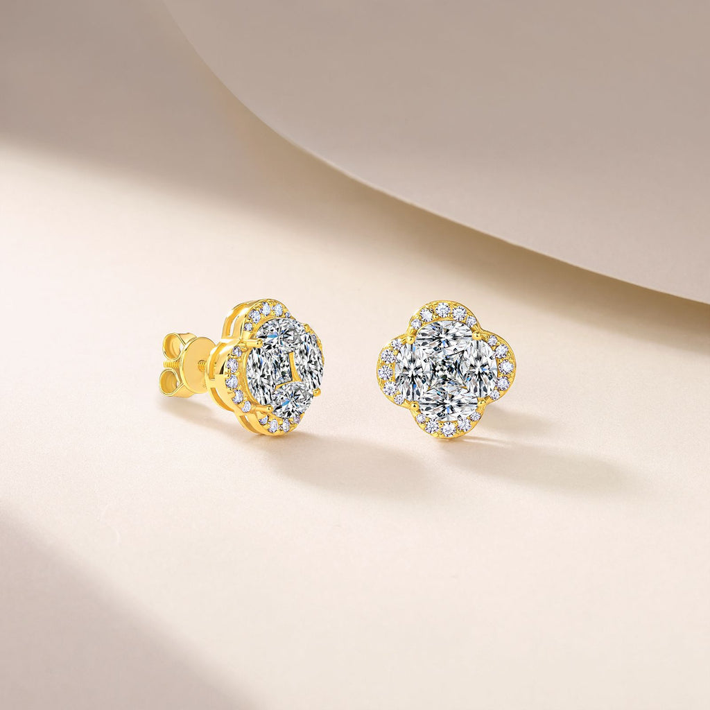 S925 Sterling Silver Four-Leaf Clover Stud Earrings, D-VVS1 Marquise Moissanite Cluster Halo, Platinum Plated 3.6g Women's Jewelry Gift Box