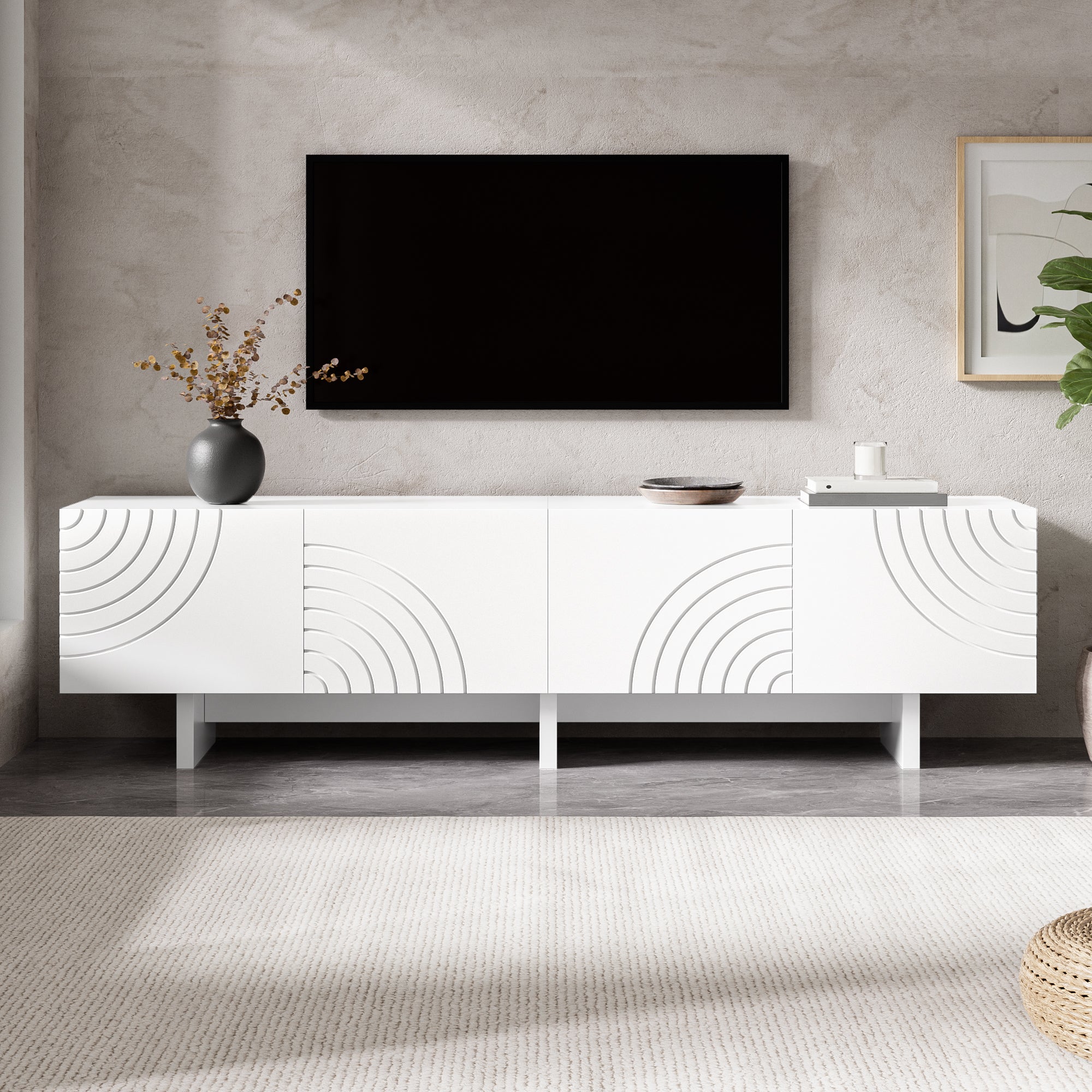 Modern TV Cabinet With 4 Doors And Geometric Arch Pattern, White TV Lowboard With Decorative Relief Fronts And Central Partition, TV Cabinet With Storage Space For Living Room