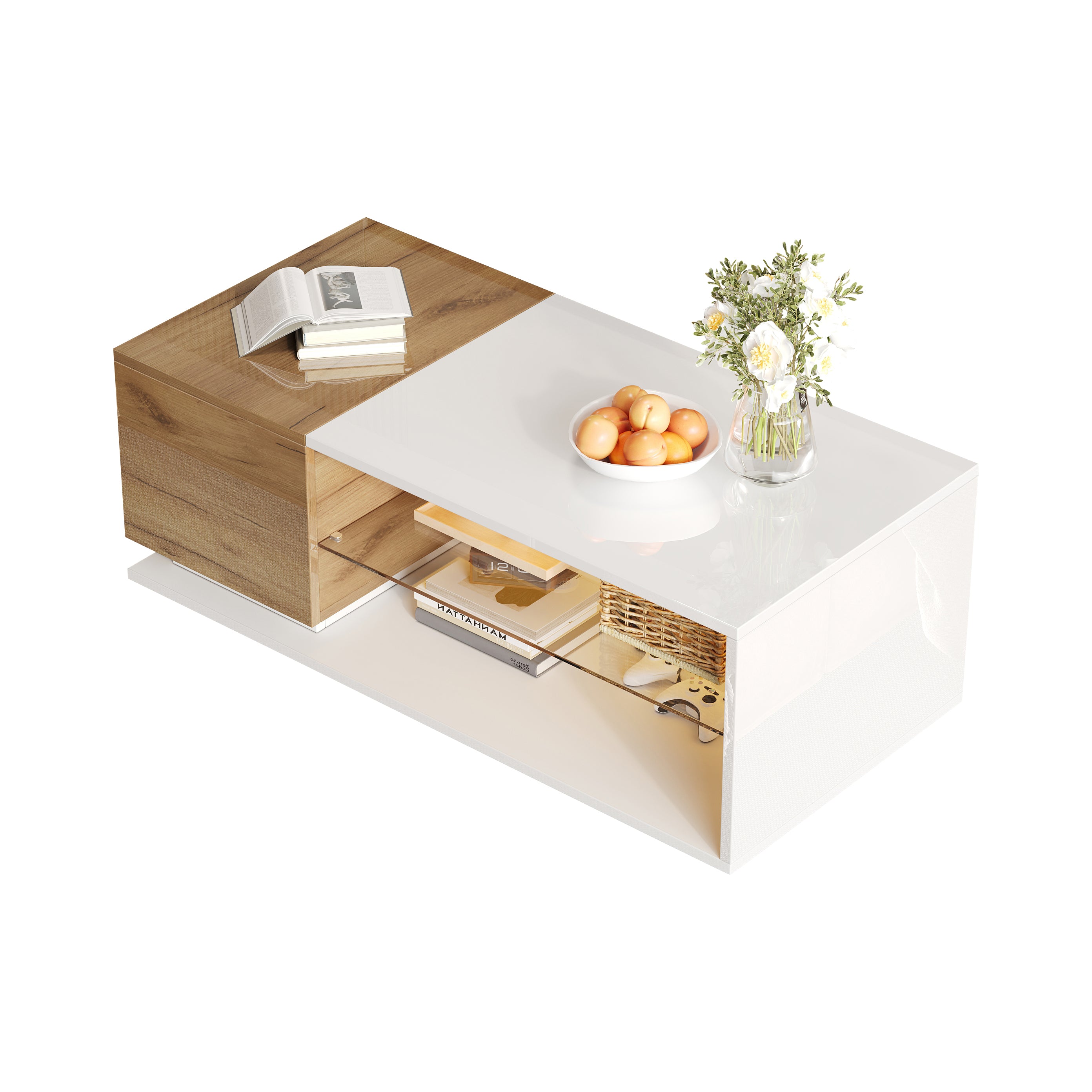 LED Coffee Table, High Gloss Coffee Table, Living Room Table With Lighting And LED Light Strip, Coffee Table With Storage, 105x50x36cm