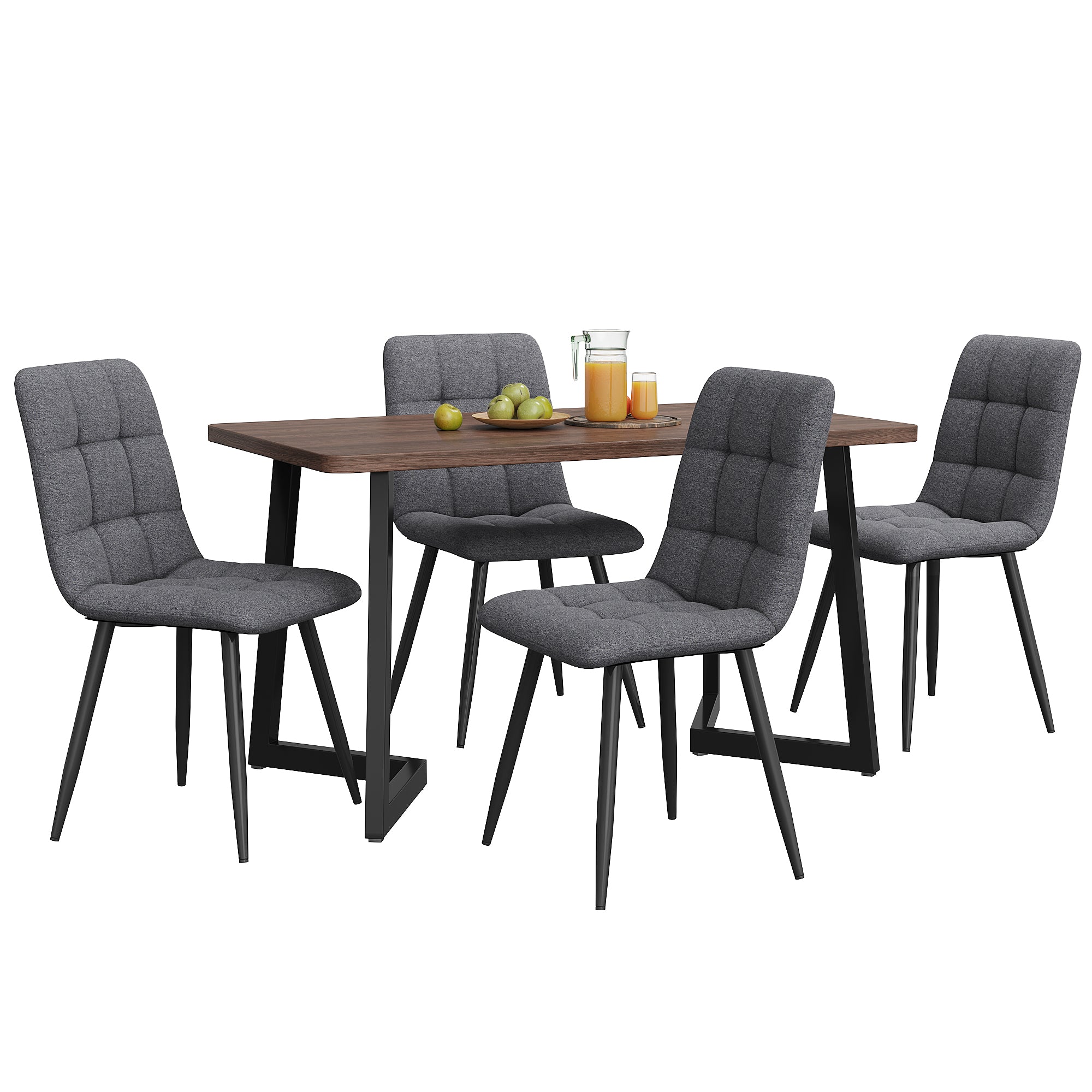 Dining Set 5-piece  Dining Table With 4 Chairs Set, Modern Kitchen Table Set, Wood-grain Kitchen Table With Black Metal Legs, MDF Tabletop In Walnut Color, Dark Gray Linen Dining Chairs