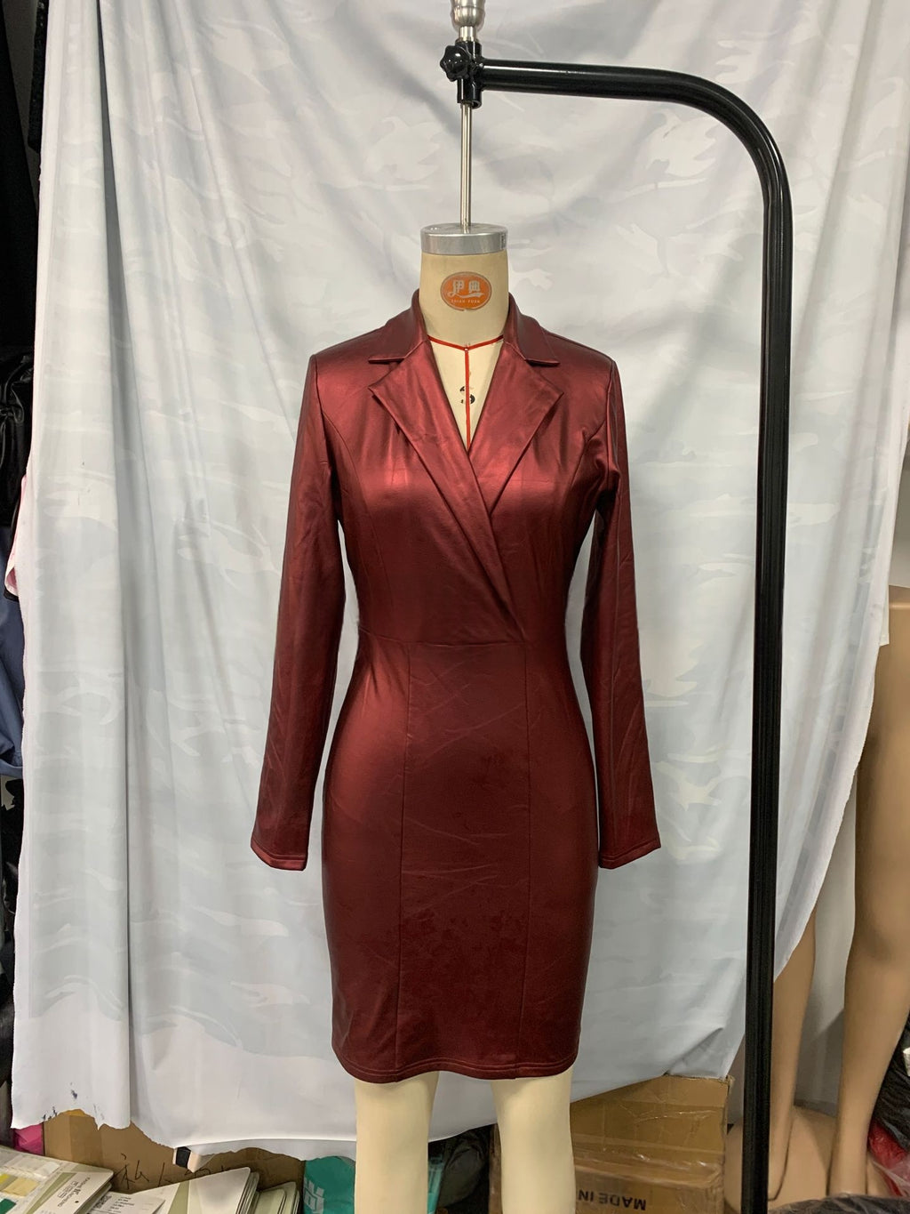Womens Leather V-neck Slim-fit Dress