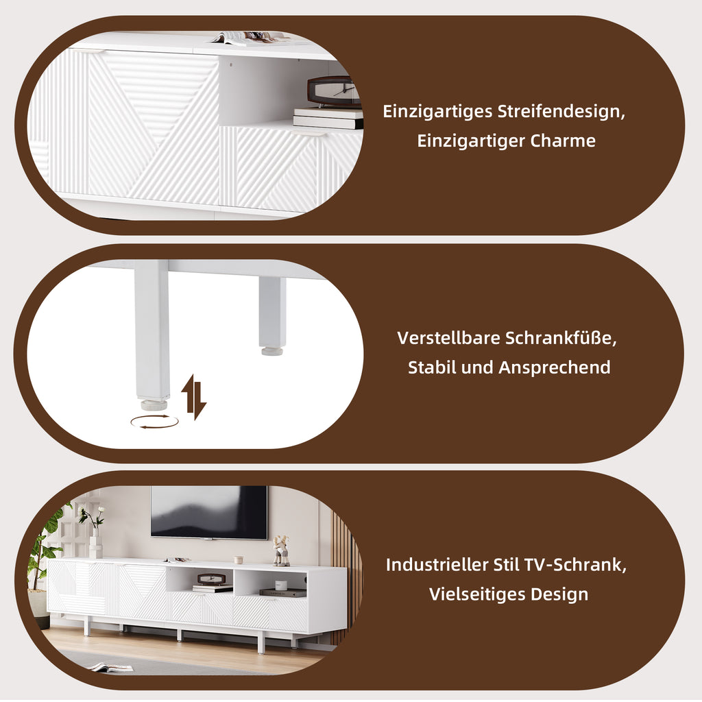 Modern Bohemian TV Cabinet, Abstract White Geometric Lines TV Cabinet, Modern Minimalist Cabinet Door Decoration With Storage Space, 200X40X51cm, Can Accommodate Up To 90 Inch TV