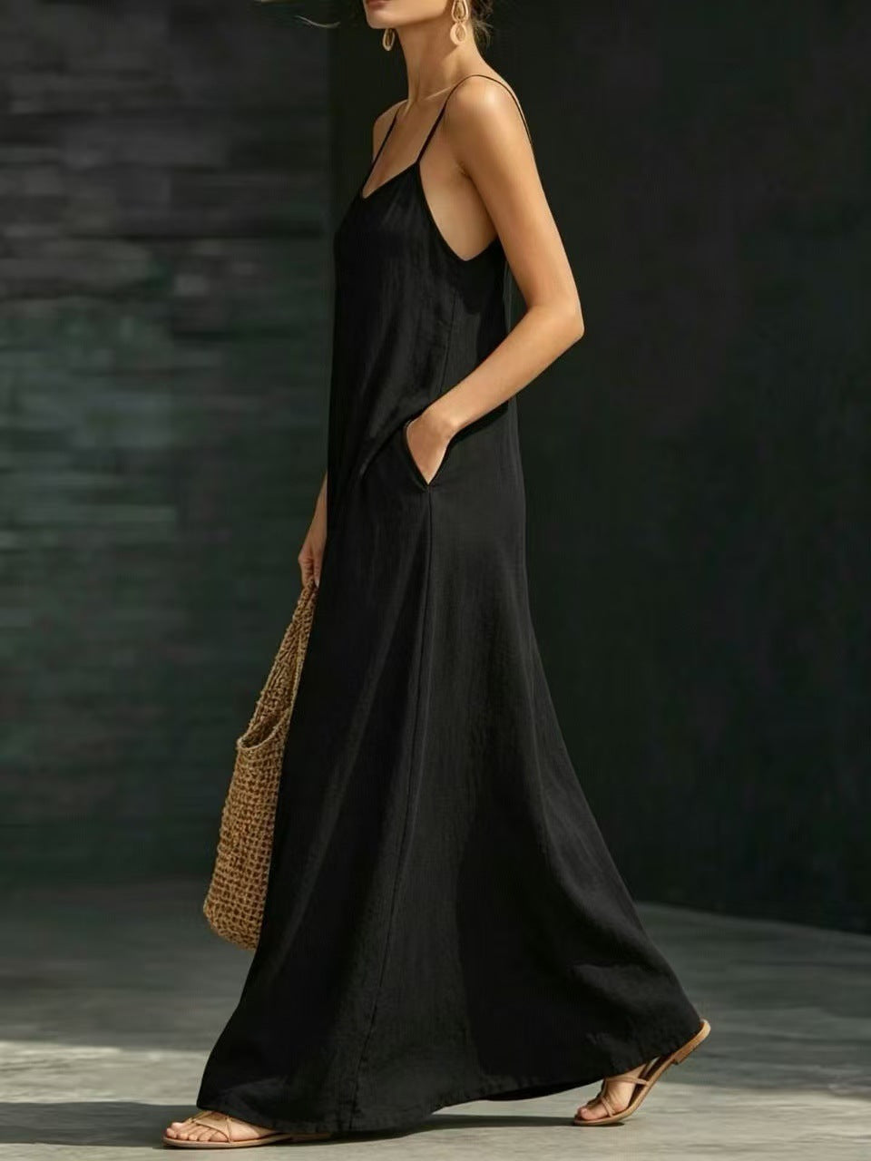 Summer Beach Spaghetti Strap Maxi Dress, Loose Flowy Casual Long Dress For Vacation & Holiday Dresses For Women