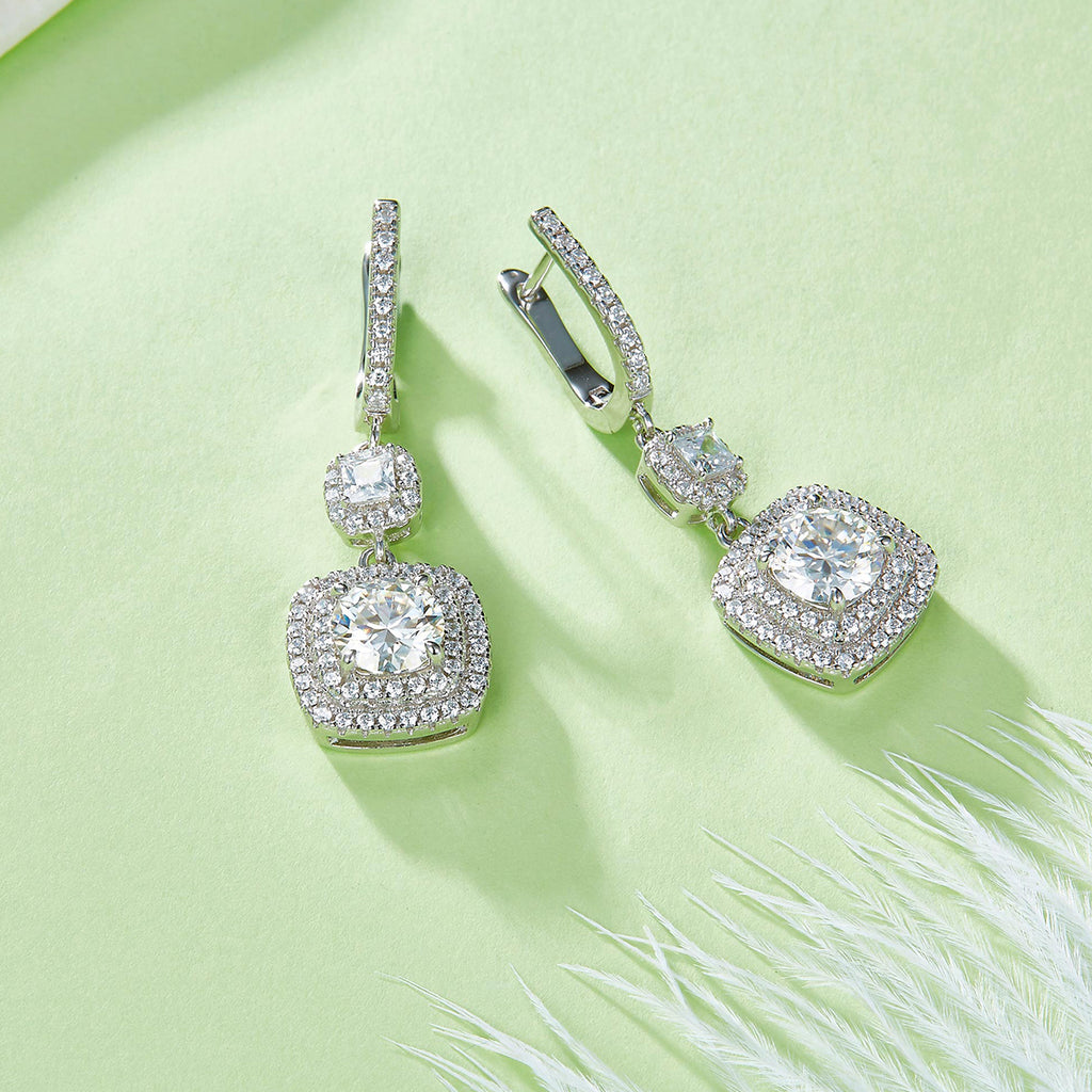 S925 Sterling Silver Cushion Double Halo Drop Earrings, 1ct D-VVS1 Moissanite, Platinum Plated 6.6g Women's Jewelry Gift Box