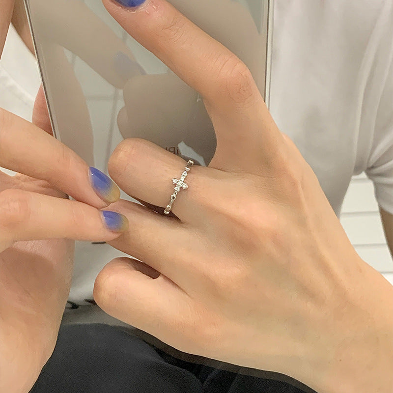 Silver Open-ring Zircon Cross Ring