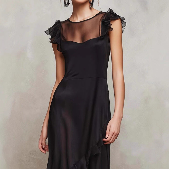 Womens Solid-color Sheer Flounce Asymmetric Long Dress