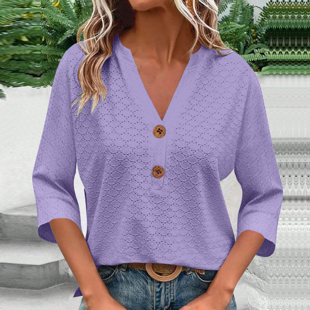 New Womens Fashion Casual Solid-color V-neck Long-sleeve Top With Buttons