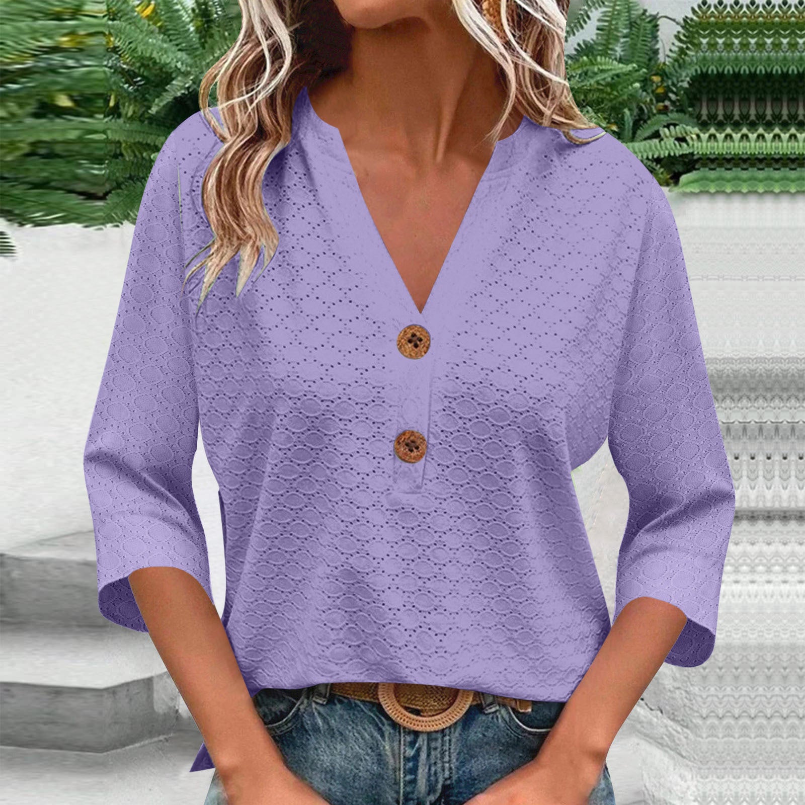 New Womens Fashion Casual Solid-color V-neck Long-sleeve Top With Buttons