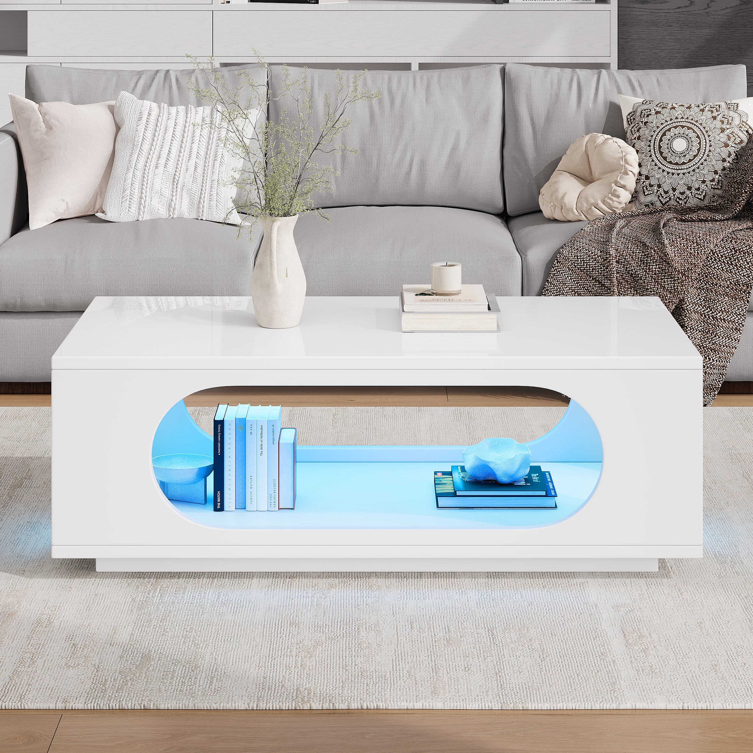 Coffee Table With LED Lighting  App Control , 100x50x35cm, MDF Material, 30kg Load Capacity,High Gloss Openwork Coffee Table,Large Storage Side Table,Sofa Table,White