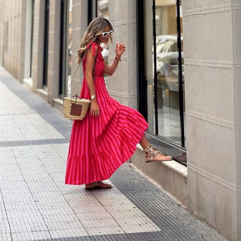 Womens Striped Printed Lace-Up Waist-Cinching Dress