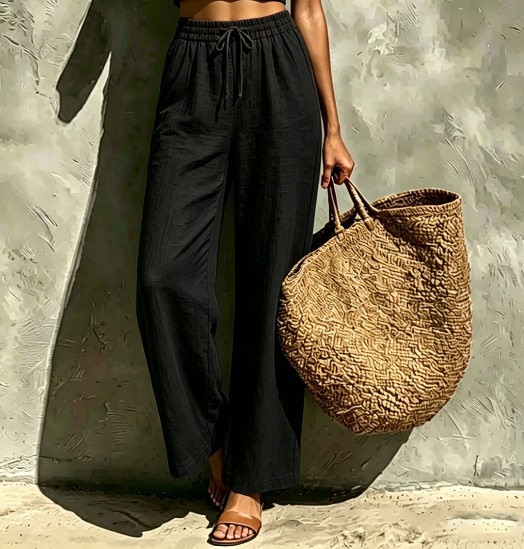 New Womens Casual High-waisted Loose-fitting Trousers With An Elastic Drawstring