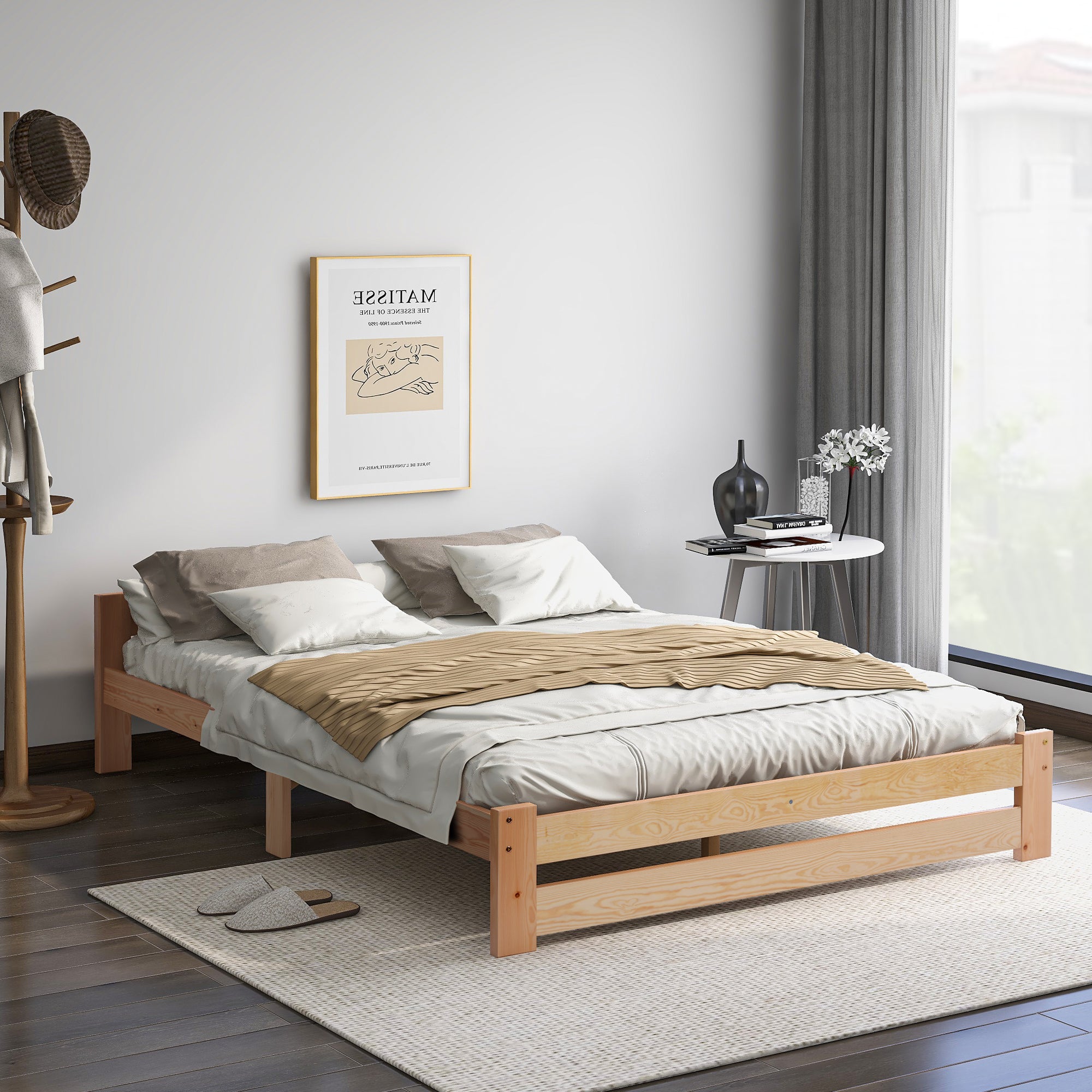 Solid Solid Wood Bed Futon Bed Made Of Natural Wood With Headboard And Slatted Frame, Natural 200x140cm