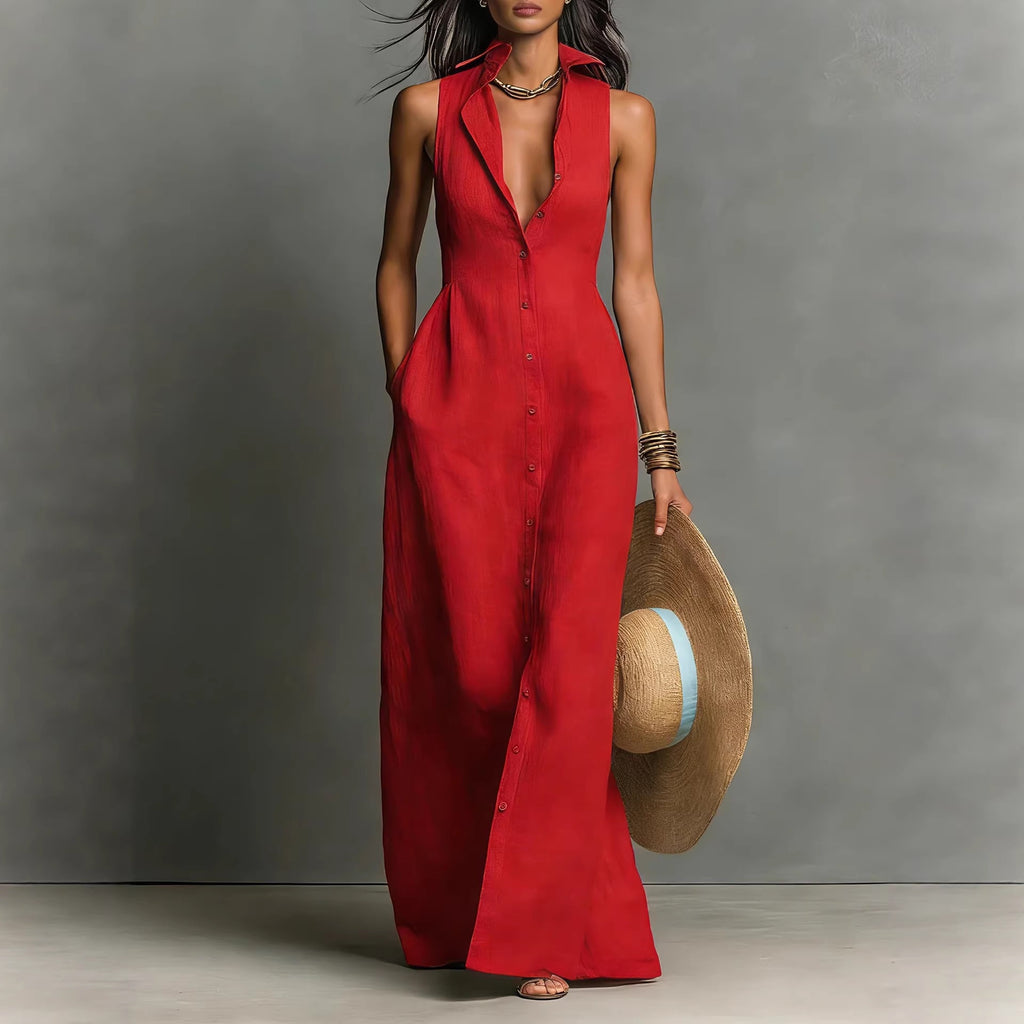 Breasted Sleeveless Shirt-collar Dress