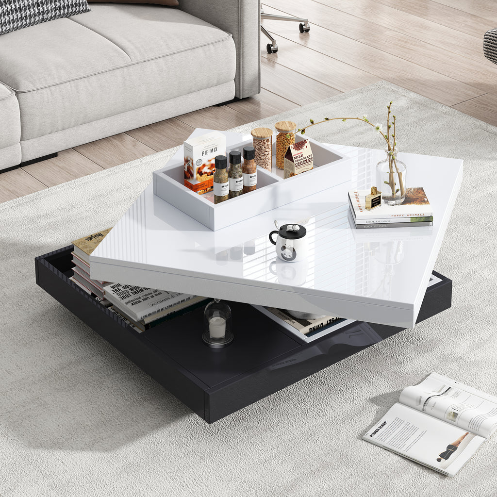 High-gloss Table Top Functional Coffee Table, Living Room Table, 360degree  Rotatable, 2-tier Swivel Table Top With Storage Compartment, White Living Room Table Top, Black Base 70x70x36 Cm