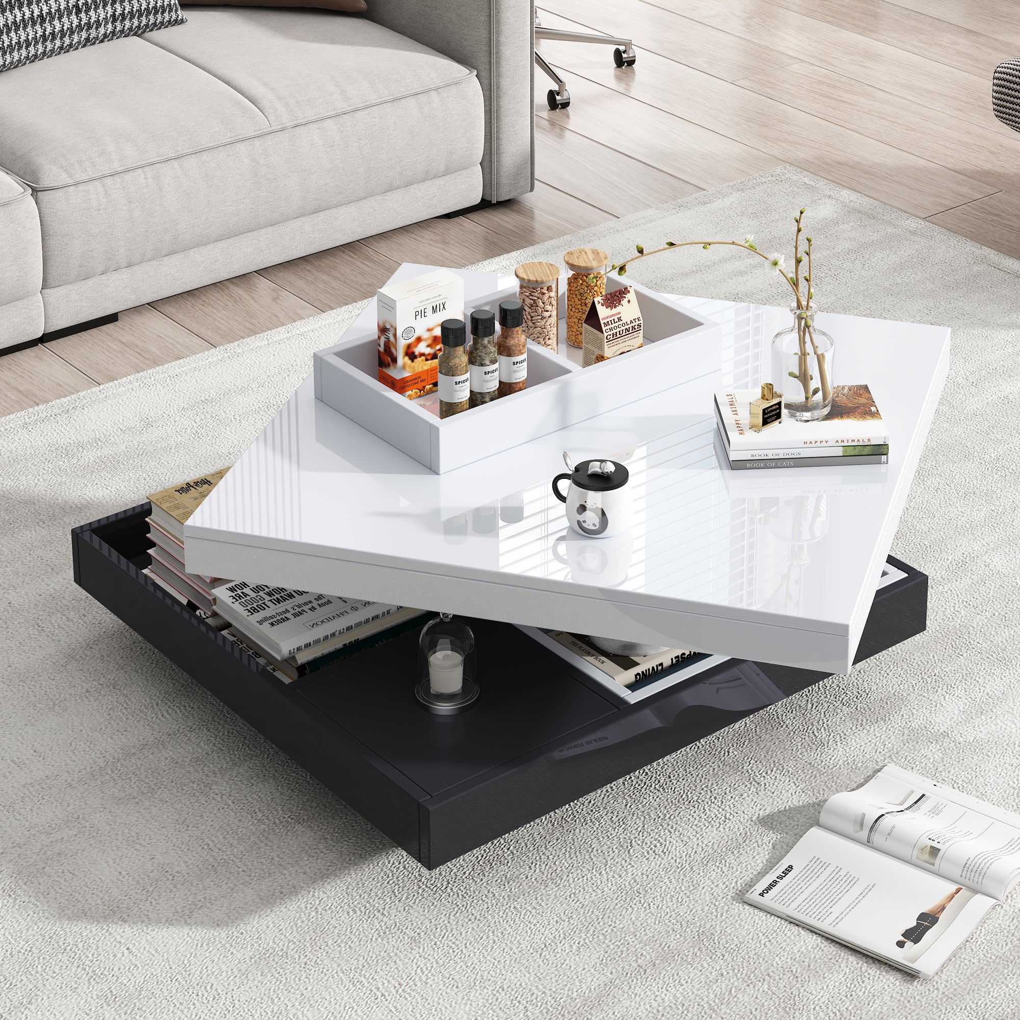 High-gloss Table Top Functional Coffee Table, Living Room Table, 360degree  Rotatable, 2-tier Swivel Table Top With Storage Compartment, White Living Room Table Top, Black Base 70x70x36 Cm