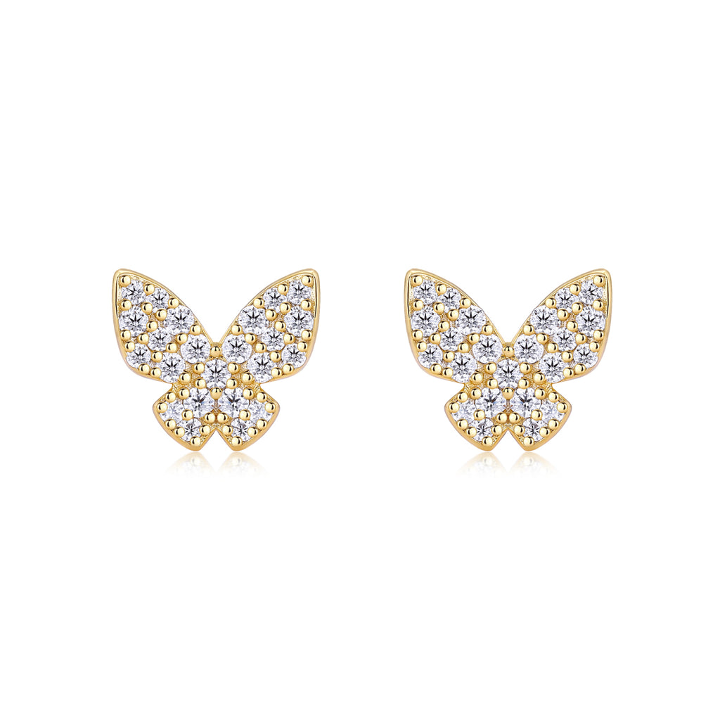 S925 Sterling Silver Gold Plated Butterfly Stud Earrings, D-VVS1 Moissanite Pave, 1.7g Women Jewelry Gift Box