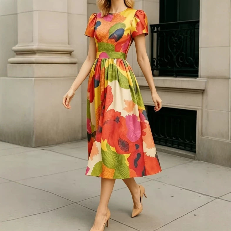 Womens Waist-cinching Puffed-sleeve Maxi Dress