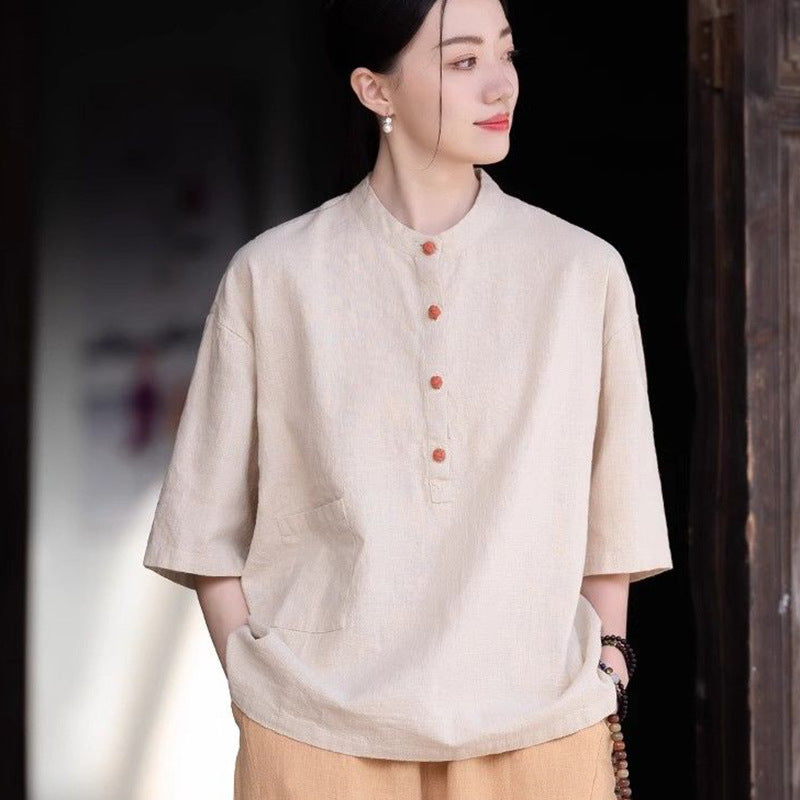 Stand-collar Solid-color Artistic Vintage Blouse For Women Solid Color