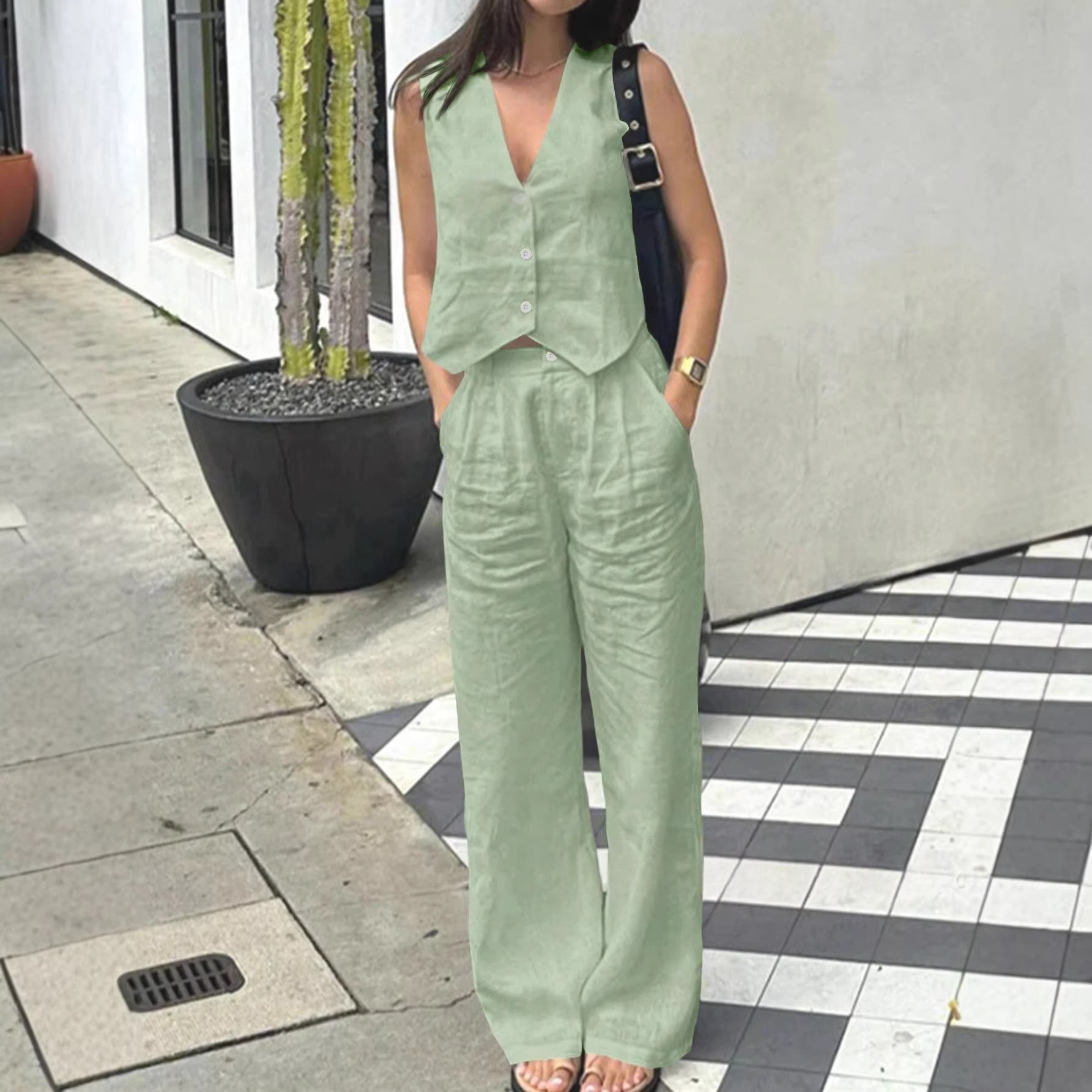 Fabric V-neck Vest High-waisted Wide-leg Pants Casual Two-piece Set