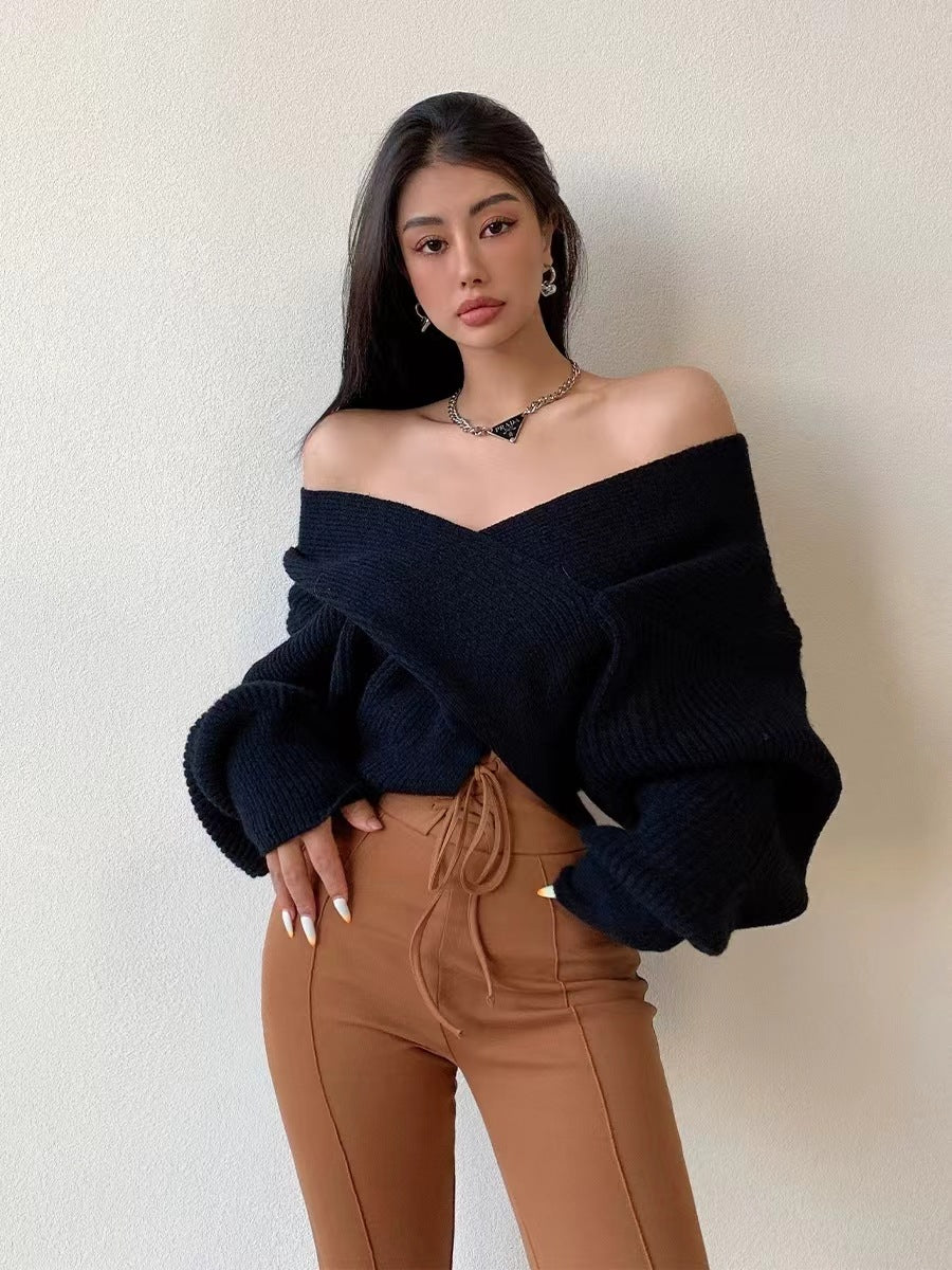 V-neck Solid-color Off-shoulder Knit Pullover For Women