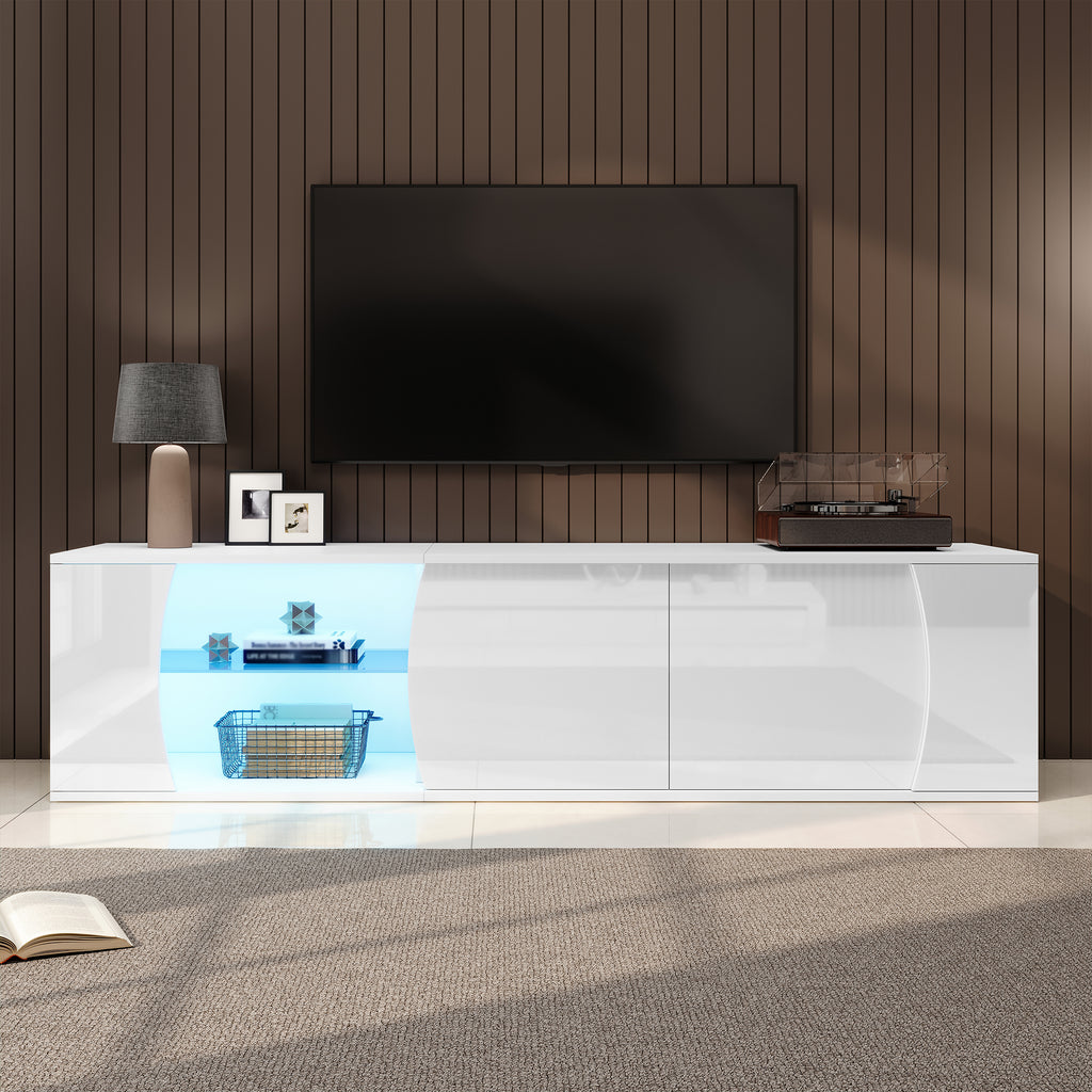 TV Cabinet, Lowboard With 3 Cabinet Doors, Tempered Glass Cabinet, High-quality Entertainment TV Cabinet With LEDs, Freestanding TV Stand, Suitable For 80-inch TVs