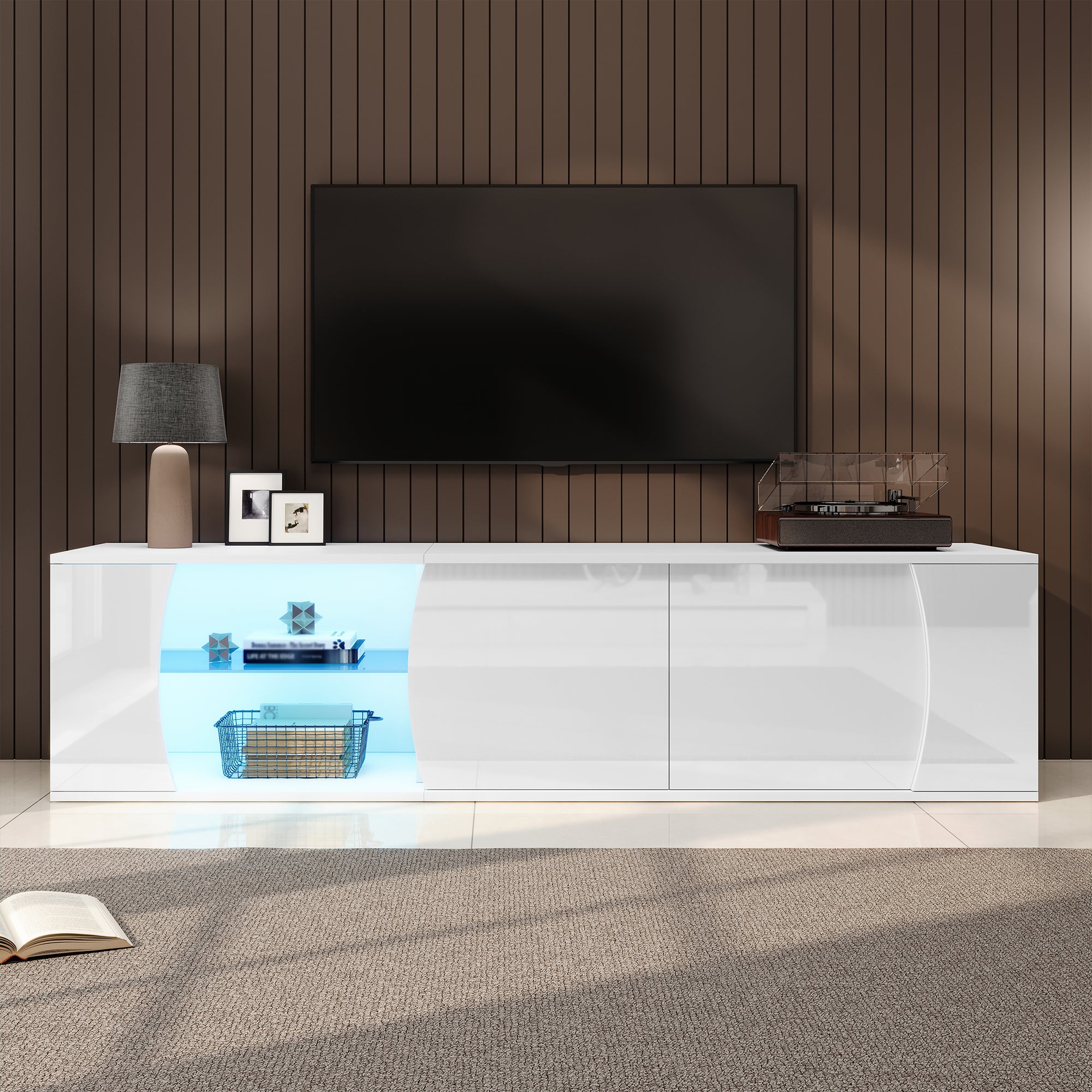 TV Cabinet, Lowboard With 3 Cabinet Doors, Tempered Glass Cabinet, High-quality Entertainment TV Cabinet With LEDs, Freestanding TV Stand, Suitable For 80-inch TVs