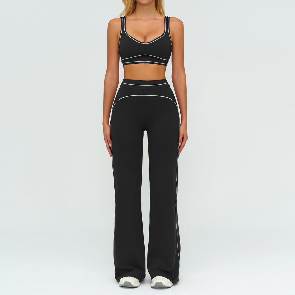 Contrast-color Brushed Yoga Set With Dual Shoulder Straps