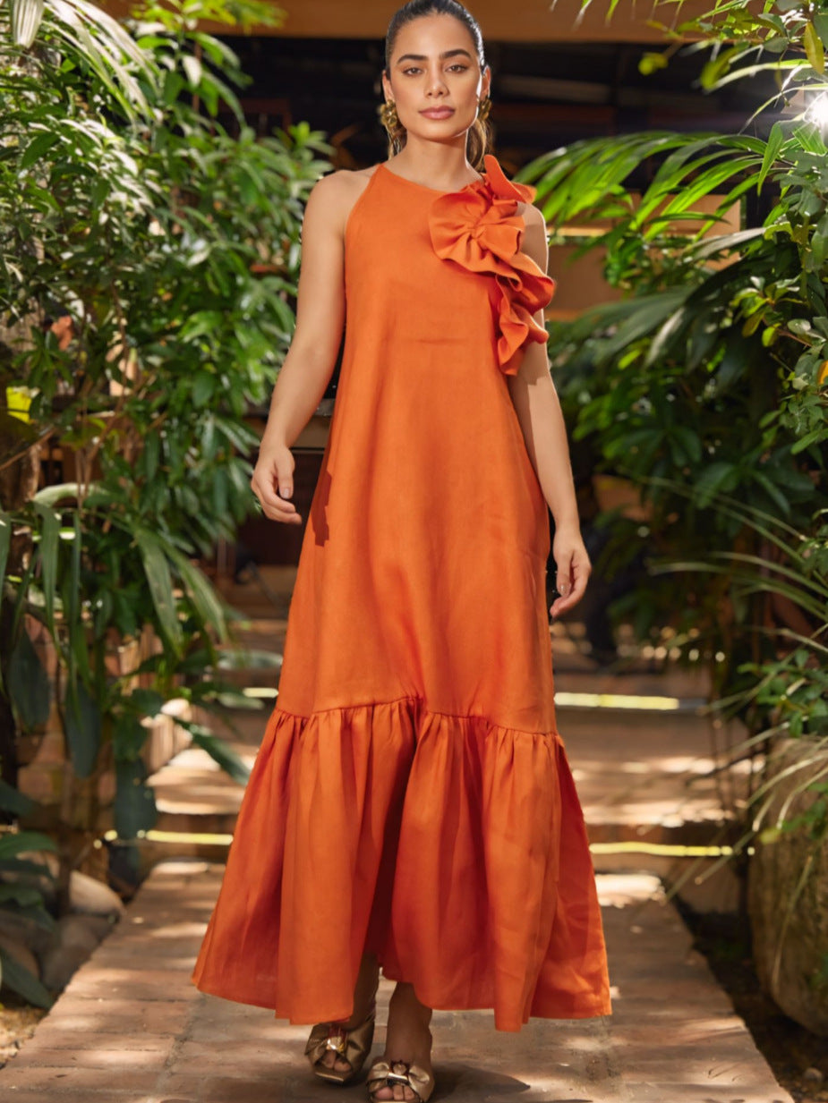 Ruffled-Trim Round-Neck Sleeveless Fashionable Casual Dress