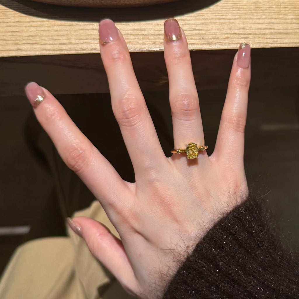 Fashion Knot Design Brilliant Ice Flower Cut Pigeon Egg Yellow Diamond Ring, Ins Style Exquisite Luxury Adjustable Open Ring For Women