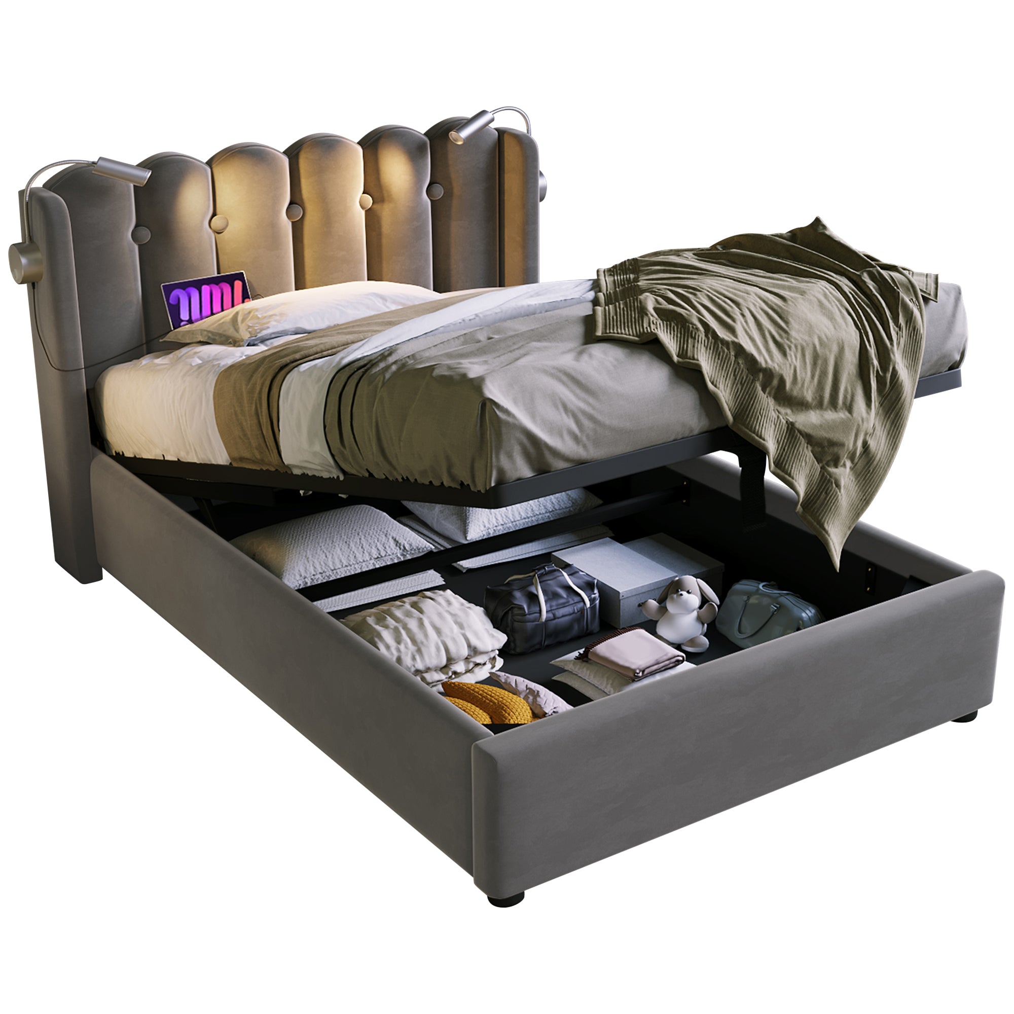 Upholstered Bed Single Bed Reading Light With Charging Headboard Storage Bed Frame Velvet Youth Bed 90x200 With Slatted Frame,Grey Without Mattress