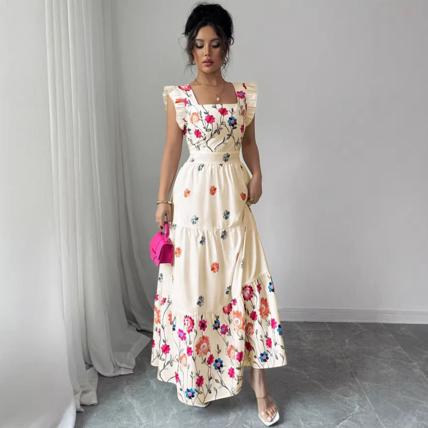Womens Puff-sleeve Floral-print Waist-cinching Dress