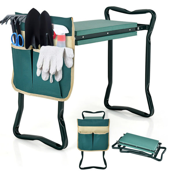 Green 2-in-1 Garden Folding Stool Kneeler, 300LBS Capacity & Built-in Tool Pouch