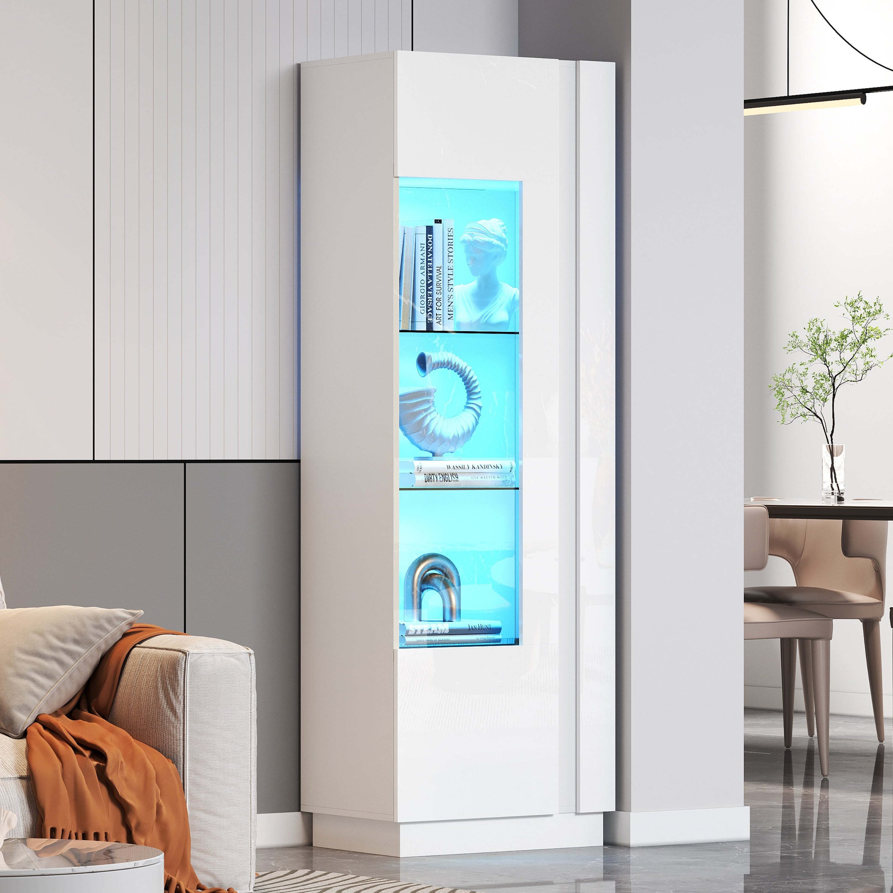 60x40x180cm Cabinet,Acrylic Display Cabinet Door,Display Cabinet High Gloss Storage Cabinet With LED Lighting, 3 Glass Shelves ,Highboard, Storage Cabinet, Tall Cabinet, Sofa Cabinet,White