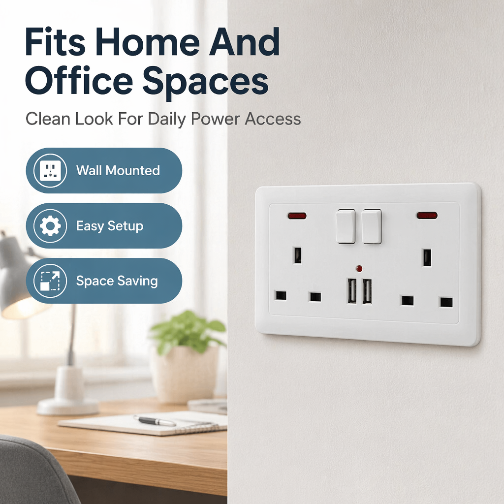 Double Wall Plug Socket 2 Gang 13A W  2 Charger USB  Outlets Flat Plate UK
