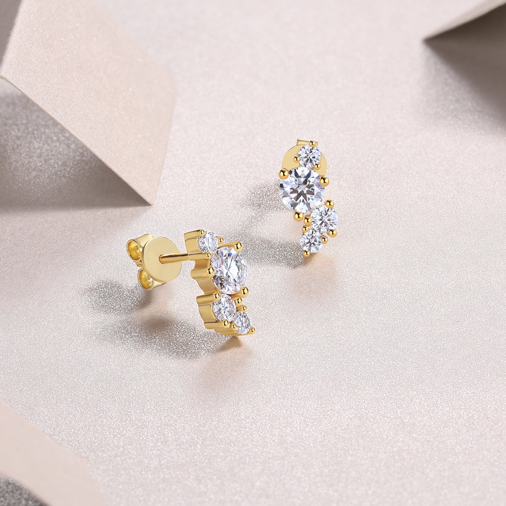 S925 Sterling Silver Asymmetrical Cluster Stud Earrings, D-VVS1 Moissanite, Platinum Plated 2.3g Women's Jewelry Gift Box
