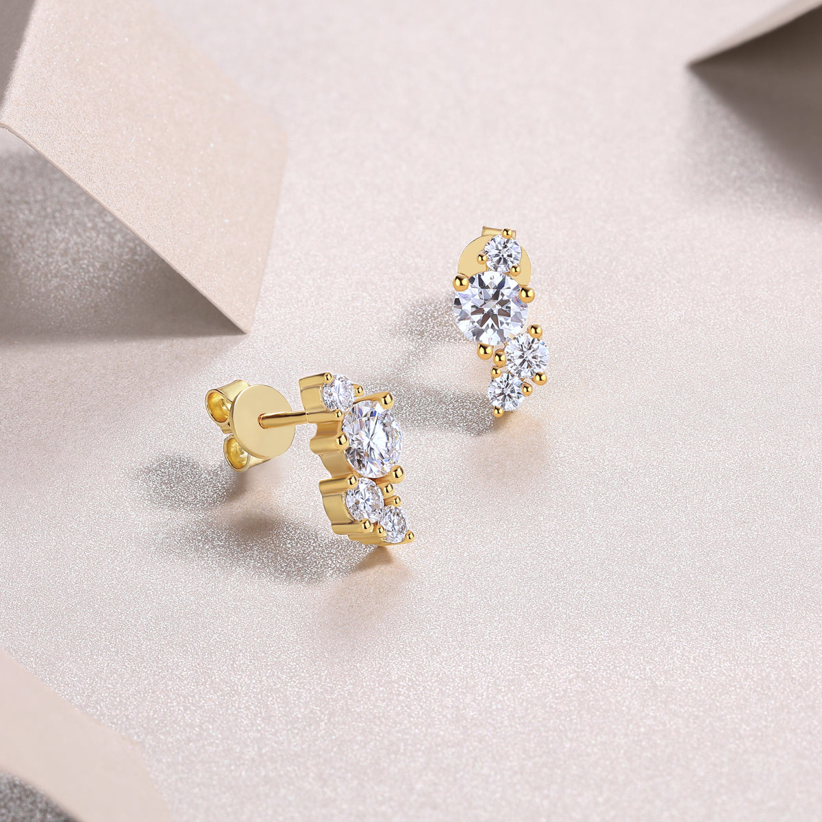 S925 Sterling Silver Asymmetrical Cluster Stud Earrings, D-VVS1 Moissanite, Platinum Plated 2.3g Women's Jewelry Gift Box