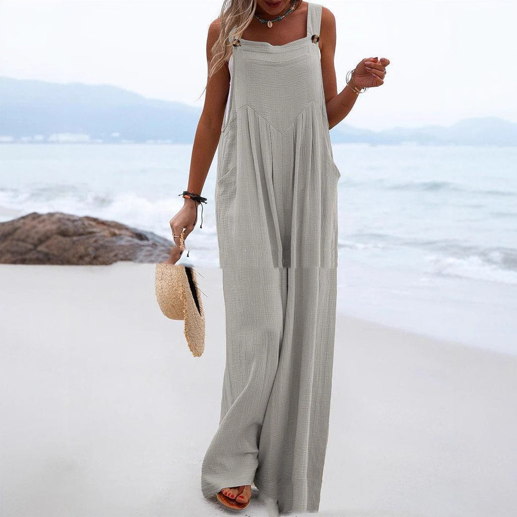 Sleeveless Wide-leg Buttoned Ethnic-style Jumpsuit
