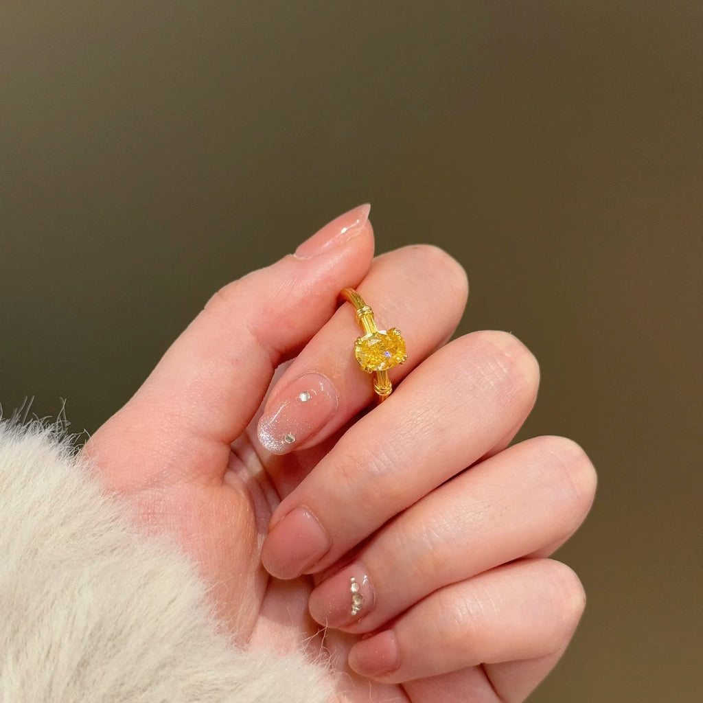 Fashion Knot Design Brilliant Ice Flower Cut Pigeon Egg Yellow Diamond Ring, Ins Style Exquisite Luxury Adjustable Open Ring For Women