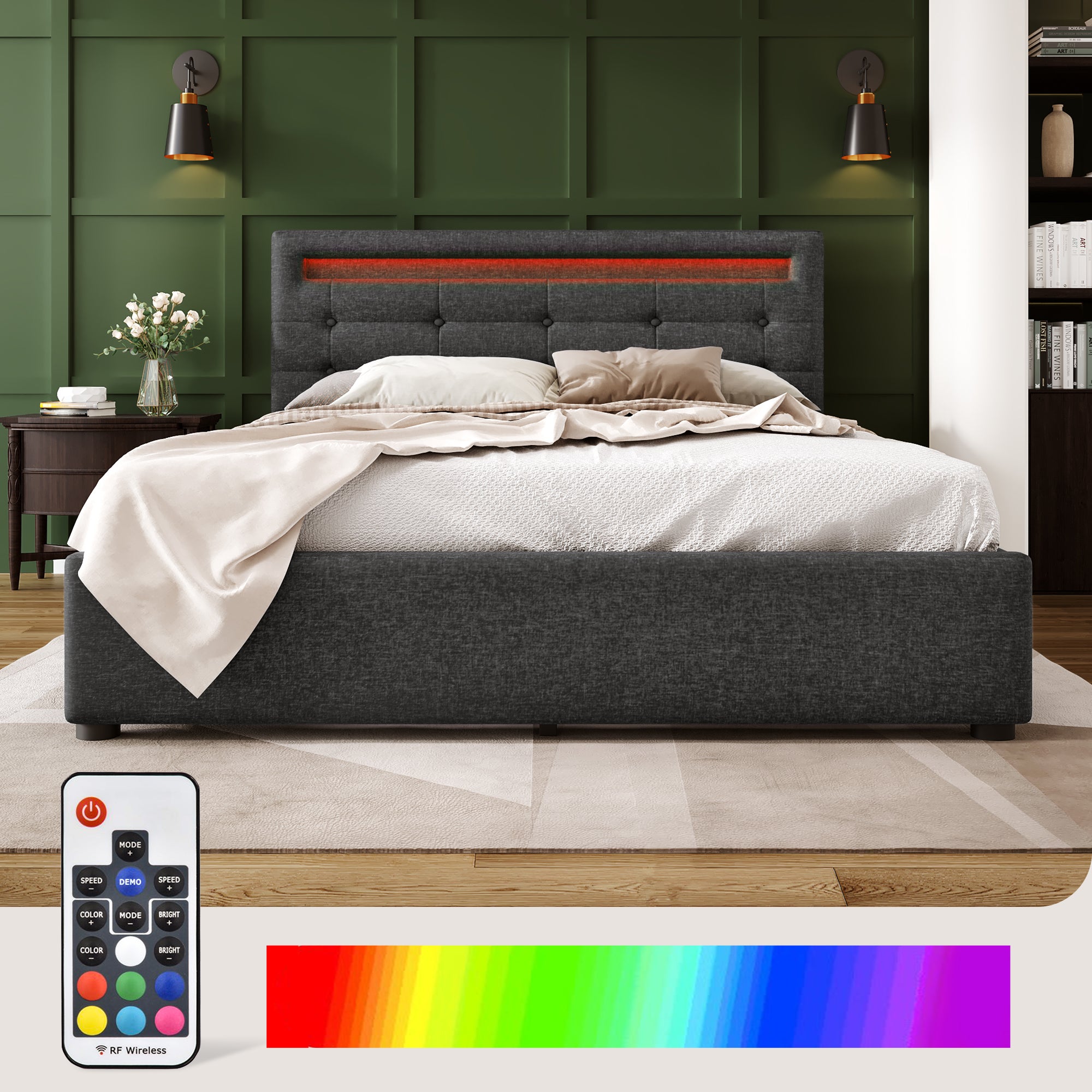 Bed Frame With LED Lighting And 4 Drawers, Double Bed Upholstered Bed 140x200cm, Height-adjustable Headboard, Wooden Slatted Base, Grey Without Mattress