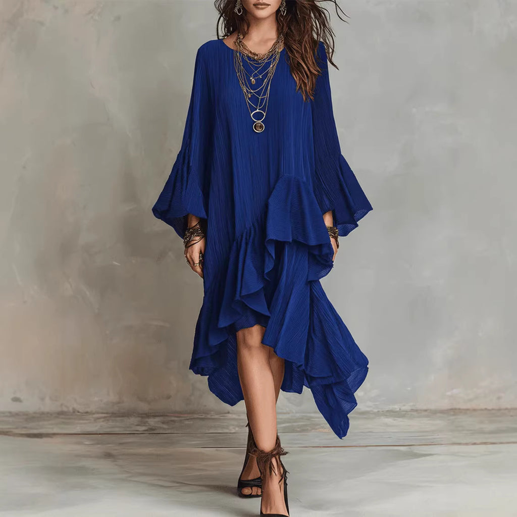 Womens Solid-color Elegant Asymmetrical Ruffled Dress