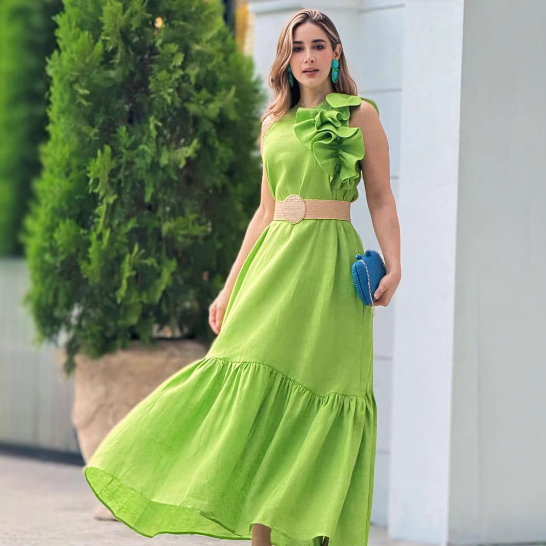 Ruffled-Trim Round-Neck Sleeveless Fashionable Casual Dress