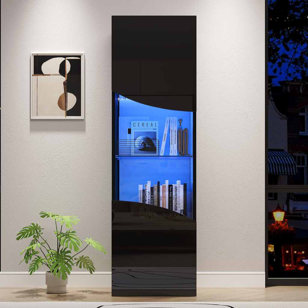 35X50X165cm Living Room Display Cabinet,High Gloss Display Cabinet  Cabinet Doors , Tall Cabinet With Large Storage And LED Lighting.Concave Arc Wave Surface Design,Black