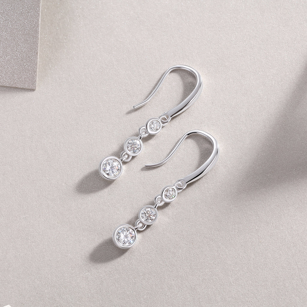 S925 Sterling Silver Three-Stone Drop Earrings, D-VVS1 Moissanite Bezel-Set Dangle, Platinum Plated 1.8g Women's Jewelry Gift Box