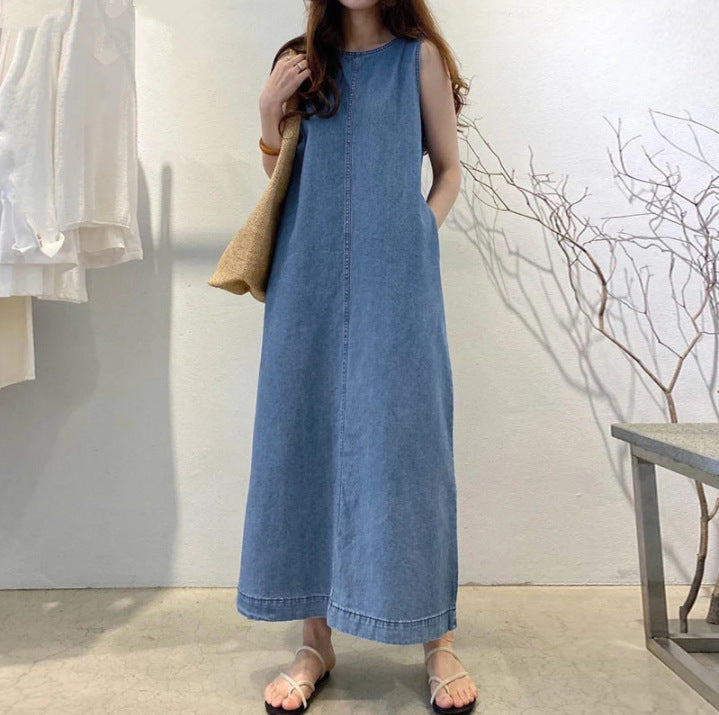 Womens Solid-Color Fashionable Round-Neck Loose-Fit Pocketed Dress