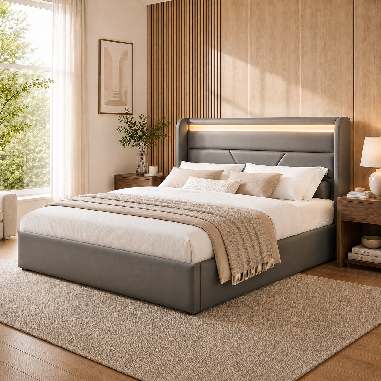 Hydraulic Storage Bed With LED Lighting Strip, Double Bed Bed Frame Upholstered Bed 160x200cm, Functional Bed, Grey  With Remote Control