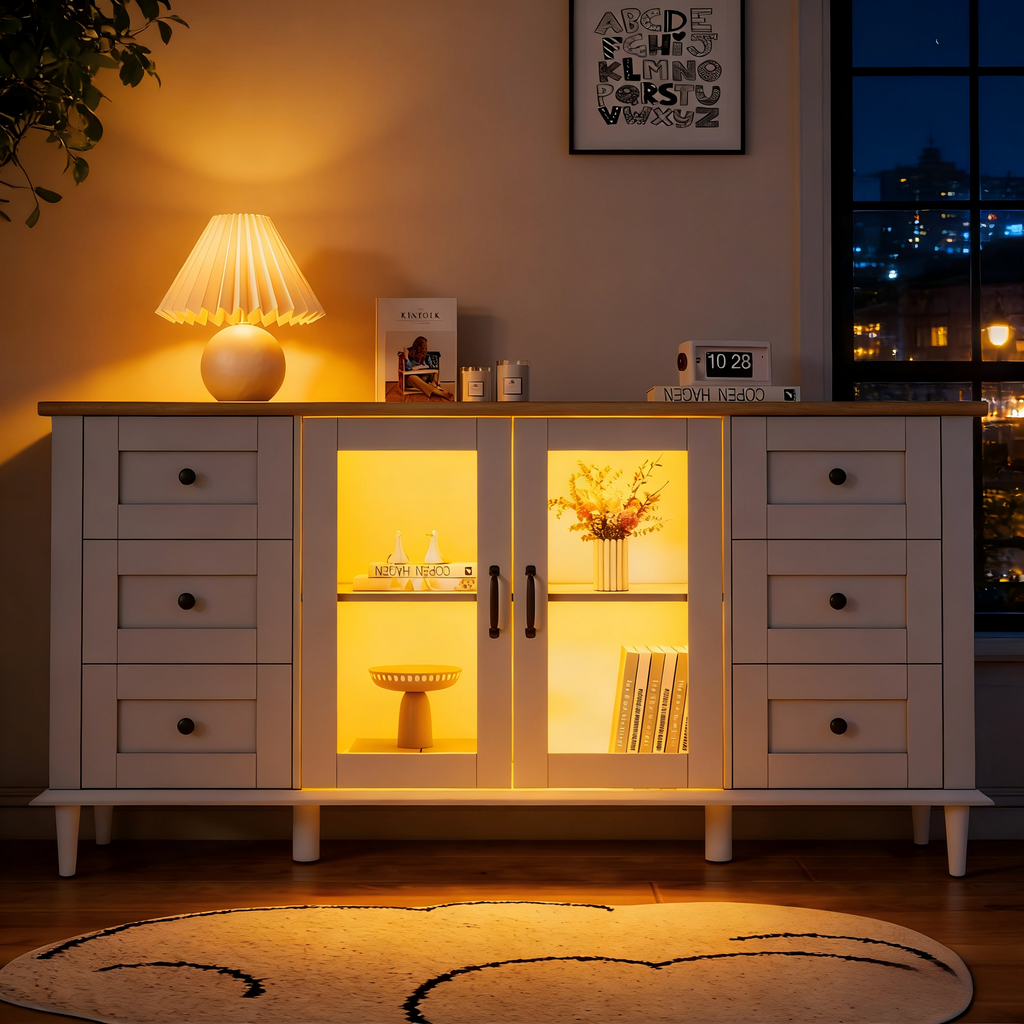 150X40X75cm Living Room Cabinet, Sideboards With 2 Acrylic Doors, 6 Drawer, LED Lights, Dining Room Cabinet, Wide Lockers, Versatile Sofa Side Cabinet, White-Wood Tone