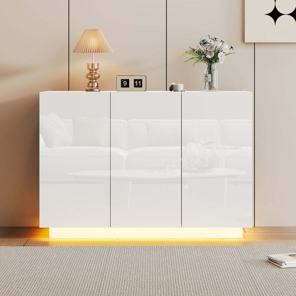 Dining Room Cabinet High Gloss Open And Closed, White Sideboard, Pedestal LED Light, Chest Of Drawers Foyer Cabinet 120x40x75CM